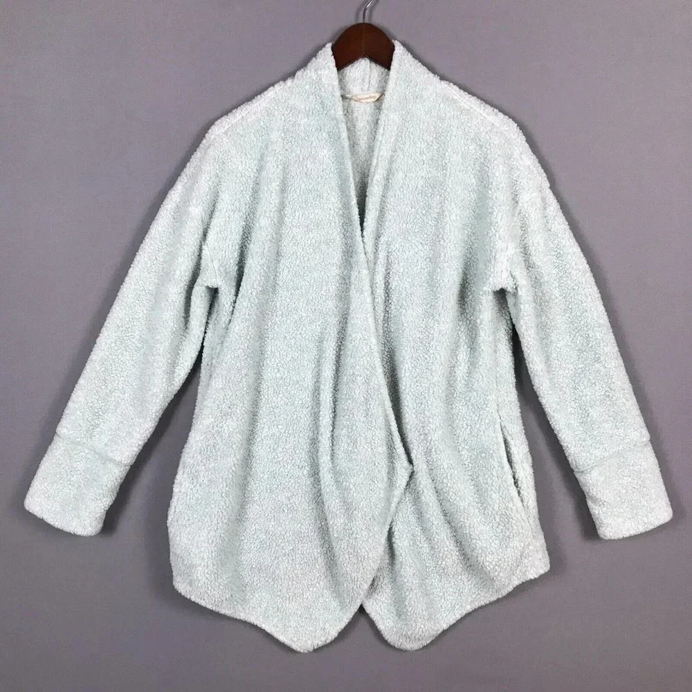Soft Surroundings Cozy Up Cardi Cardigan Medium M Fleece Pockets Snap Front Blue